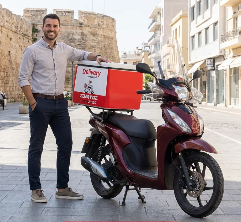 A Sveltos courier next to his scooter with a branded delivery box, in the centre of Heraklion