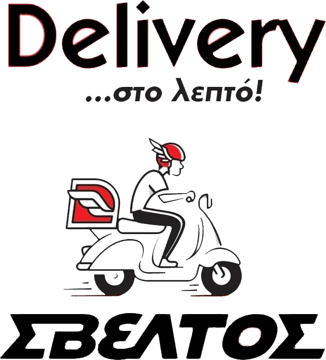 Sveltos logo: a courier on a scooter with a winged helmet — Delivery… in a minute!