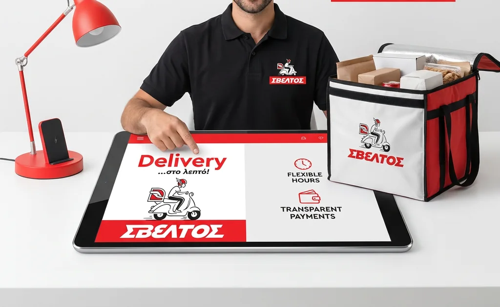 A courier in a Sveltos shirt showing the courier app on a tablet